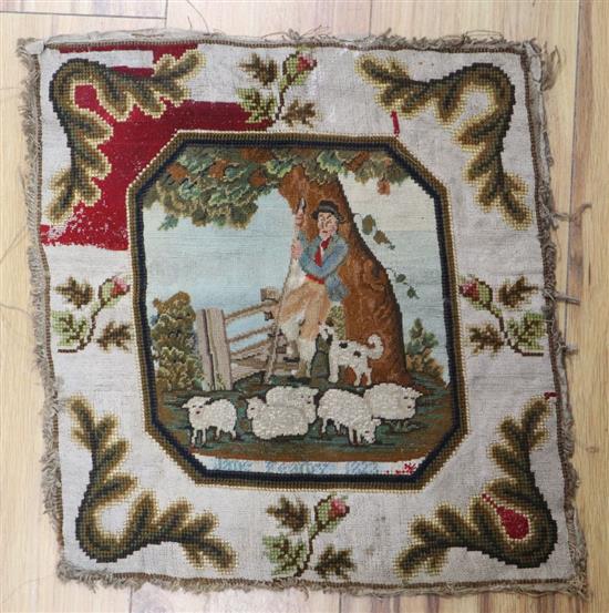 A Victorian petit point panel depicting a farmer and sheep, 41 x 40cm